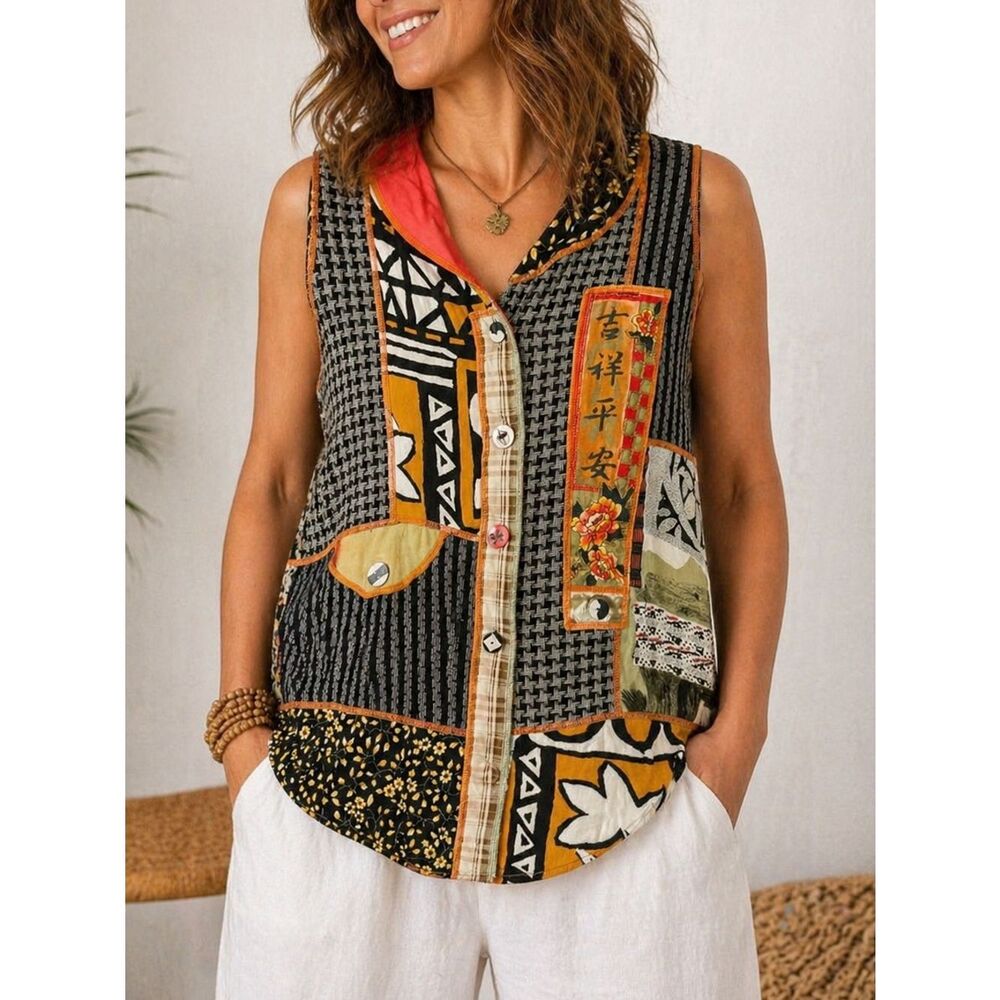 Faith Patchwork Vest Top Size M Artsy Boho Button Front Sleeveless Vintage